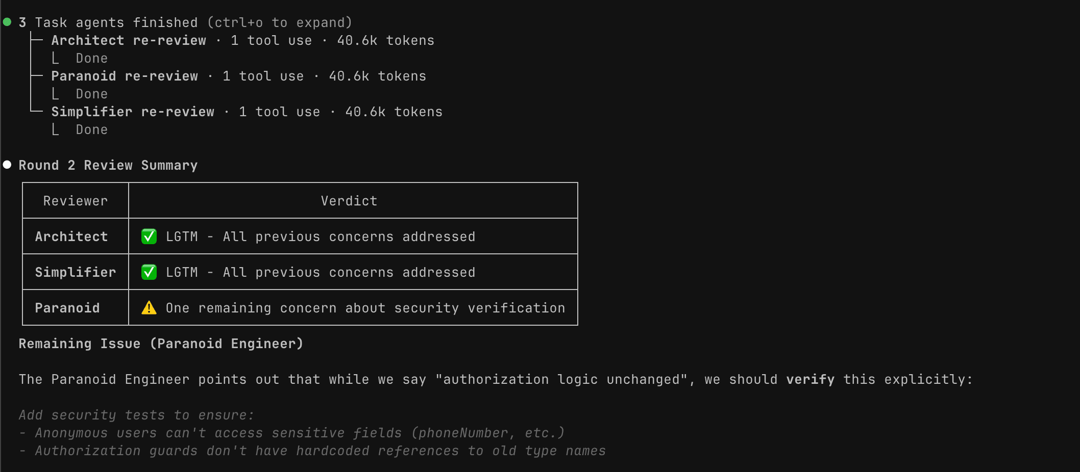 Screenshot showing Round 2 review summary with LGTM from Architect and Simplifier, and one remaining security concern from Paranoid Engineer